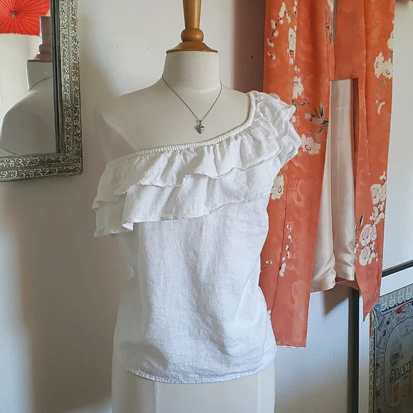 Next White Ruffle One Shoulder Linen Top Size 10 - Picture 1 of 9